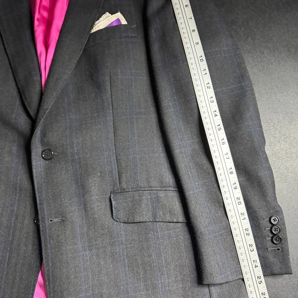 Custom Tailored Jacket Mens 44R Charcoal Grey Herringbone‎ Windowpane Blazer